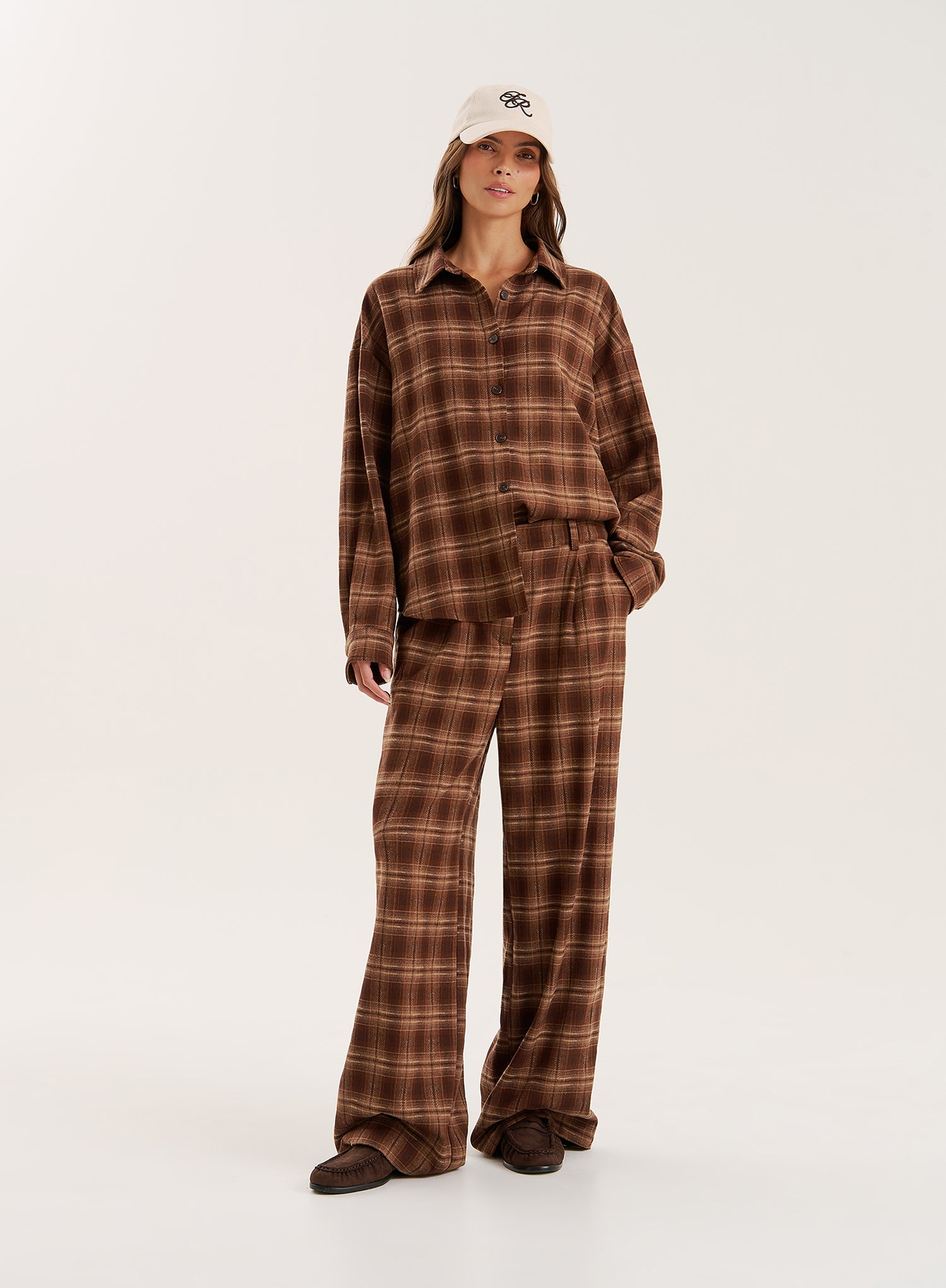 Brown Check Printed Oversized Shirt